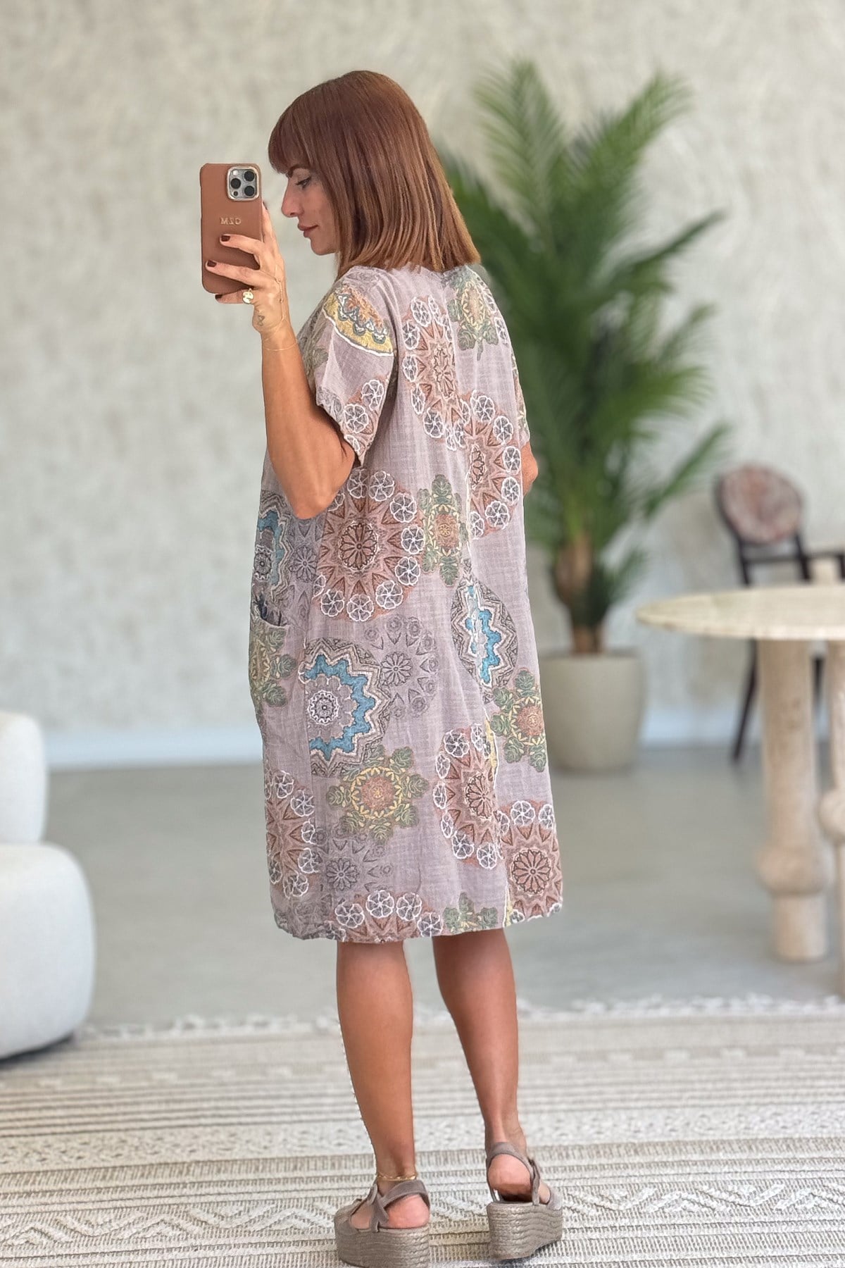 Mandala Desen Çift Cepli Pamuklu Elbise Vizon Renk