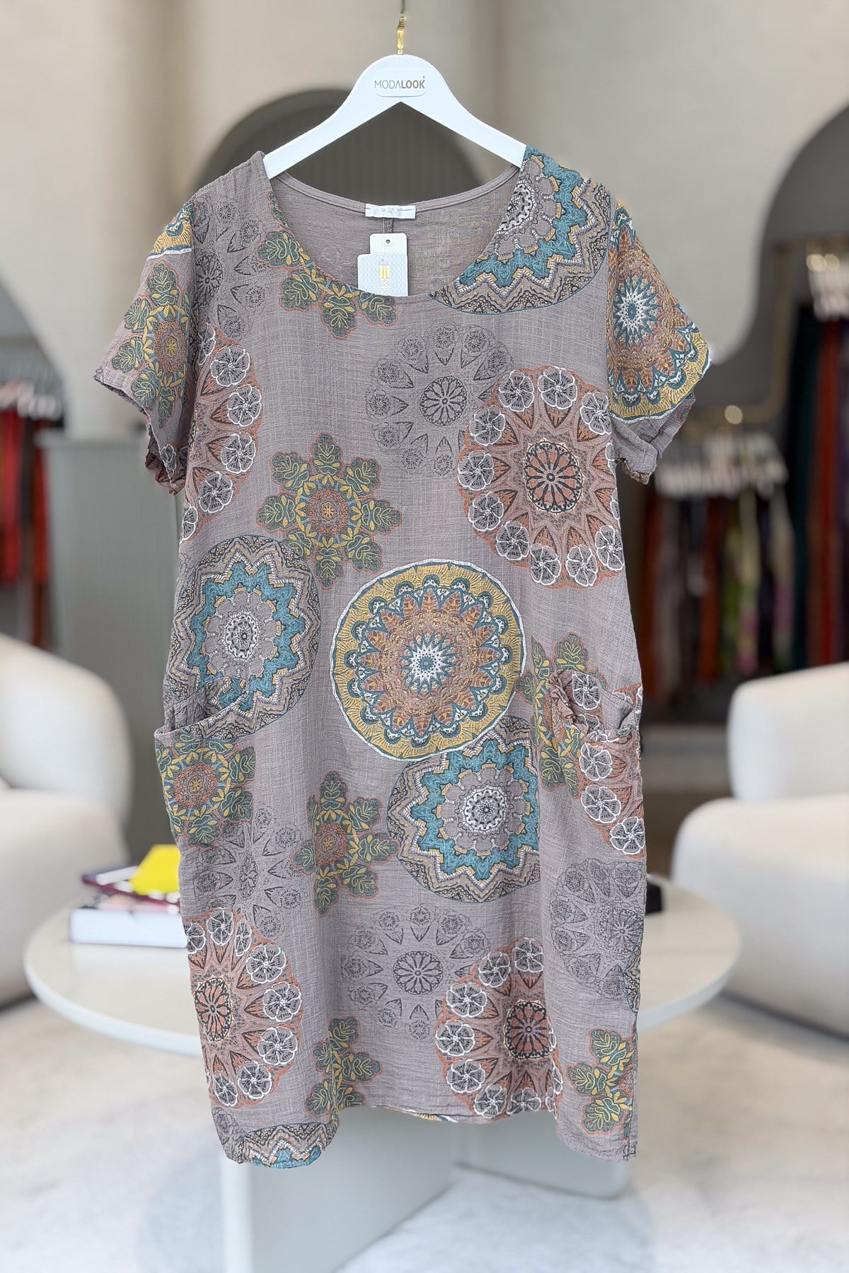 Mandala Desen Çift Cepli Pamuklu Elbise Vizon Renk