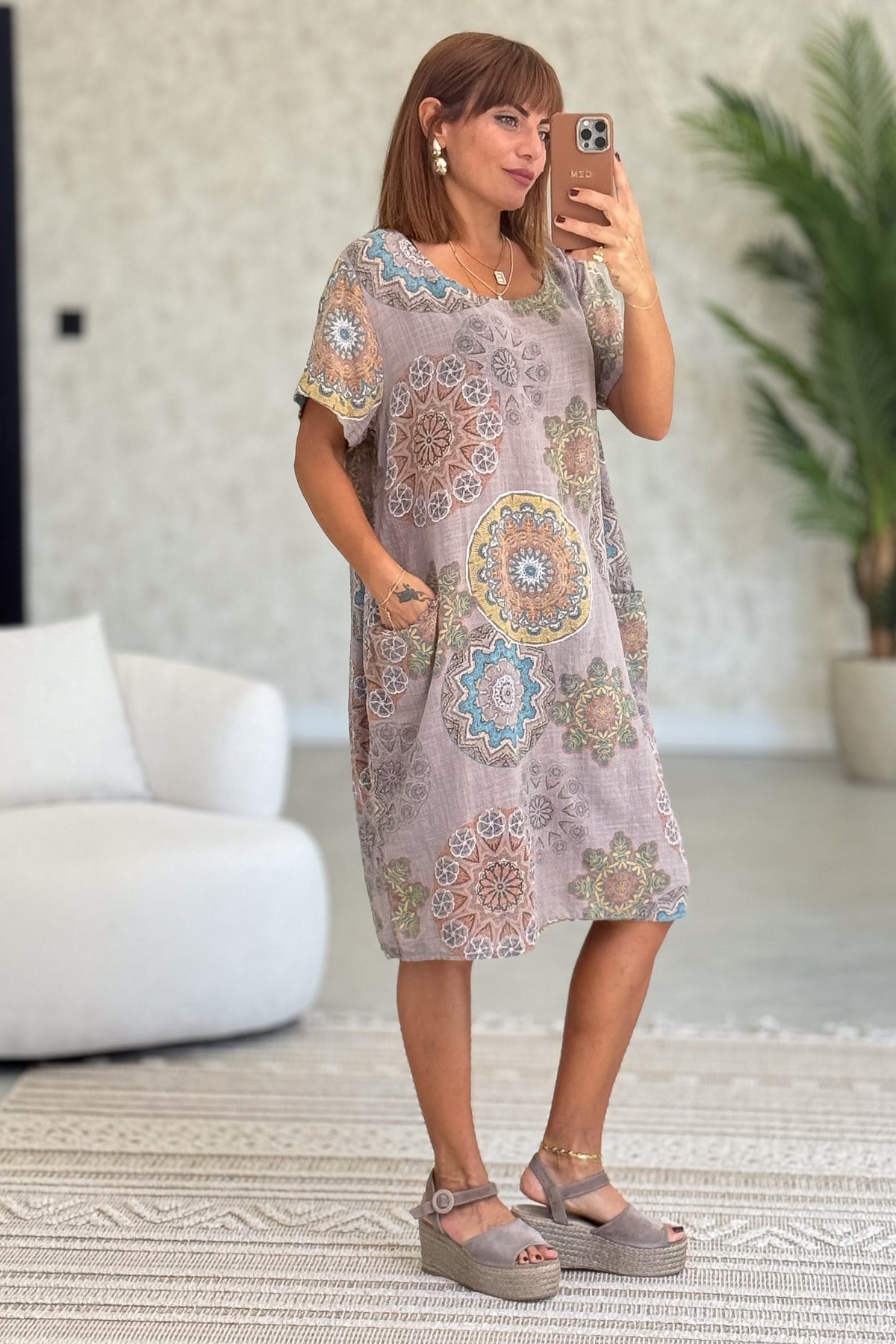 Mandala Desen Çift Cepli Pamuklu Elbise Vizon Renk