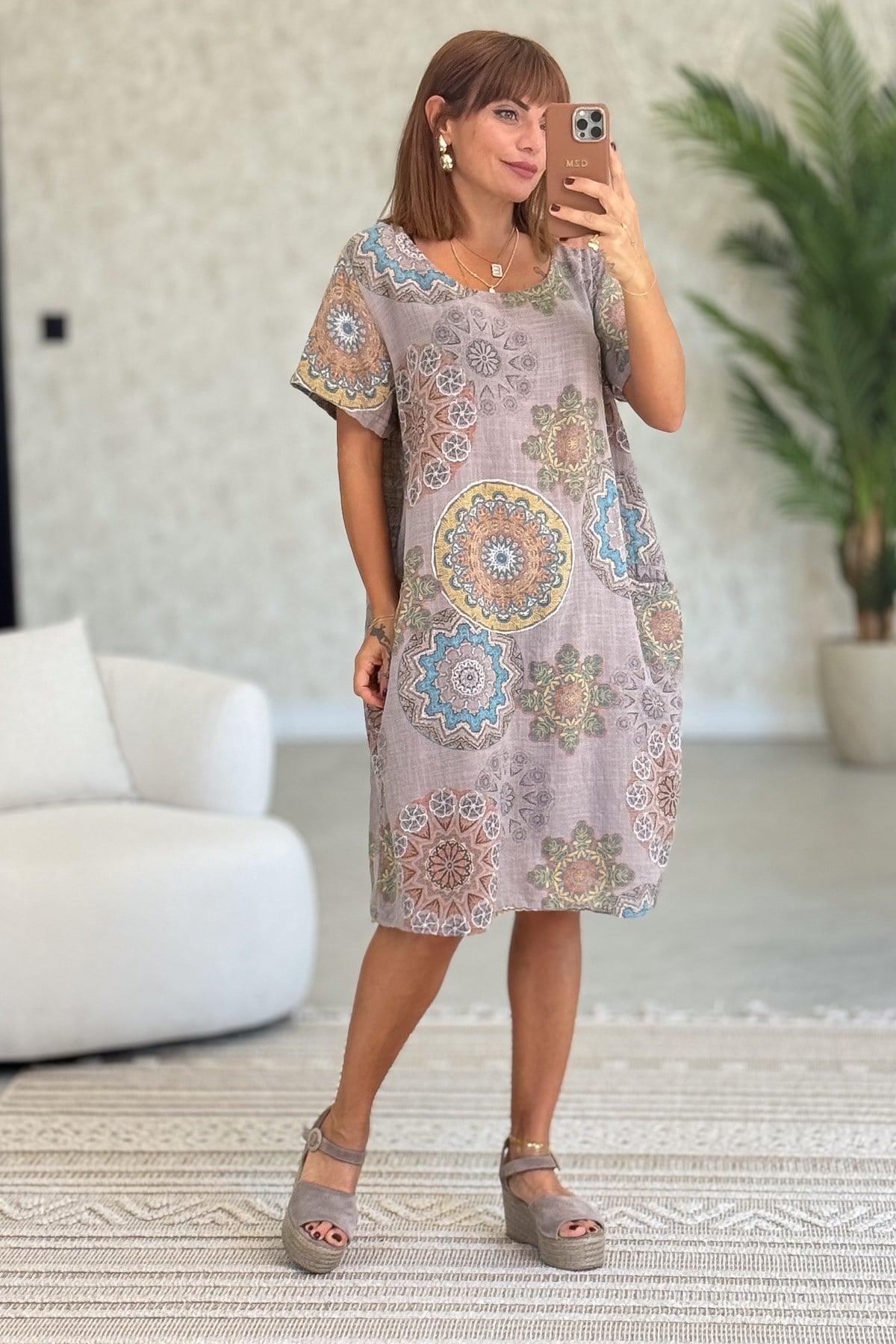 Mandala Desen Çift Cepli Pamuklu Elbise Vizon Renk