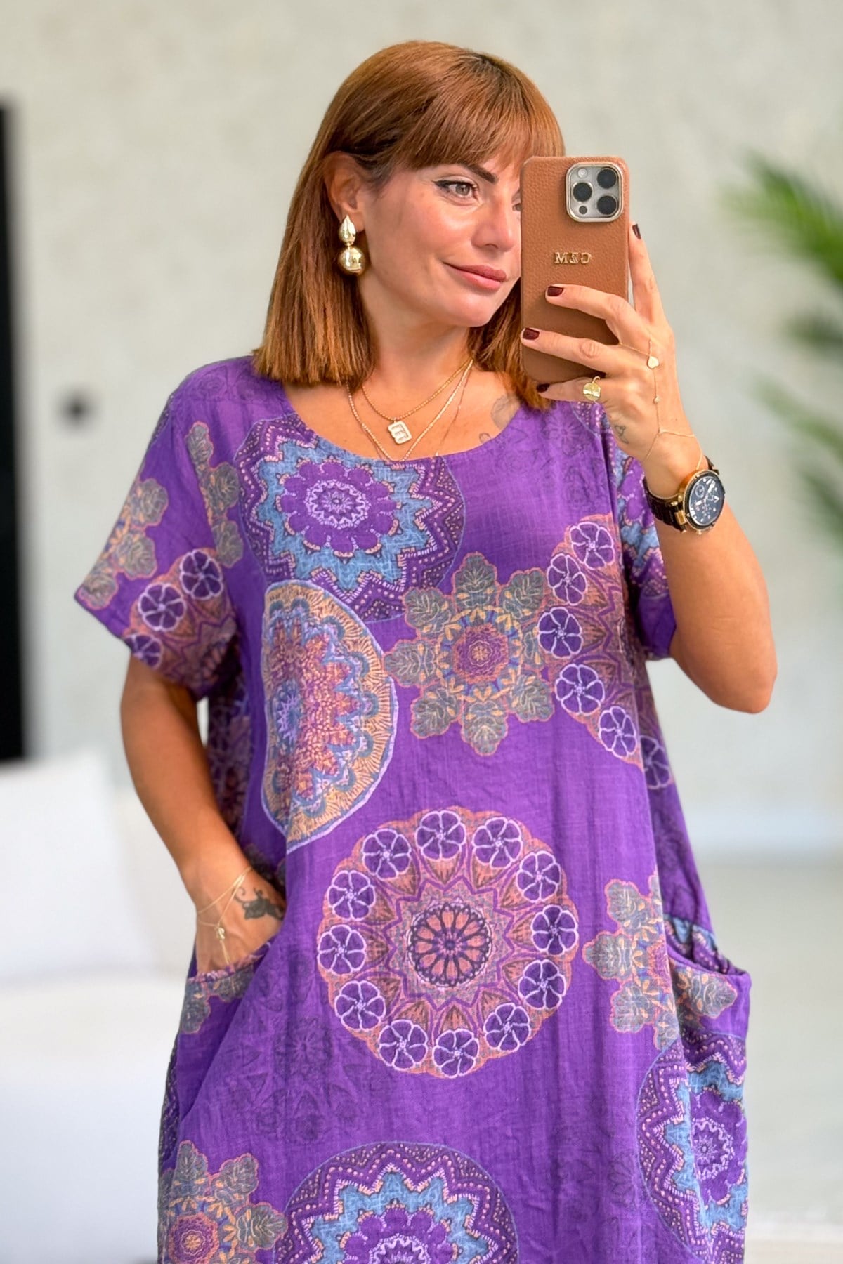 Mandala Desen Çift Cepli Pamuklu Elbise Mor Renk