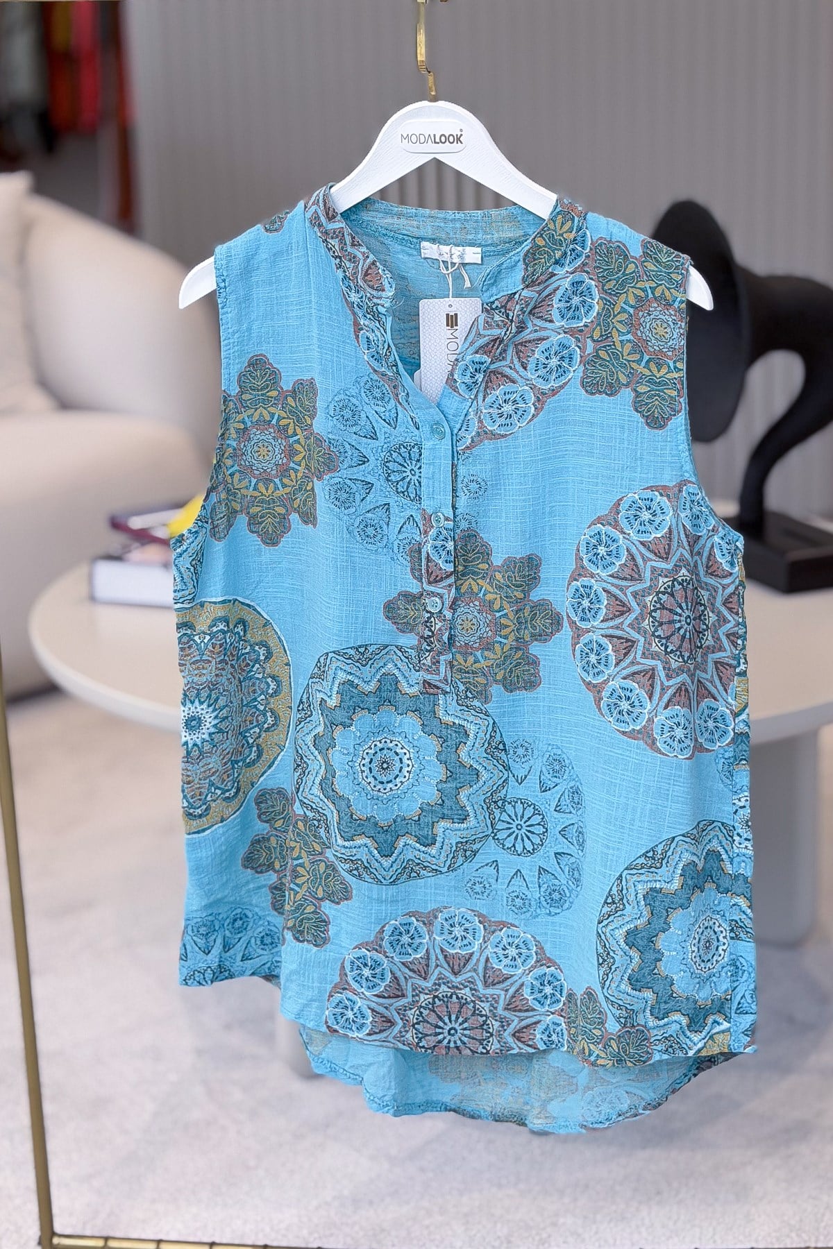 Mandala Desen Hakim Yaka 3 Düğmeli Pamuklu Gömlek Turkuaz Renk