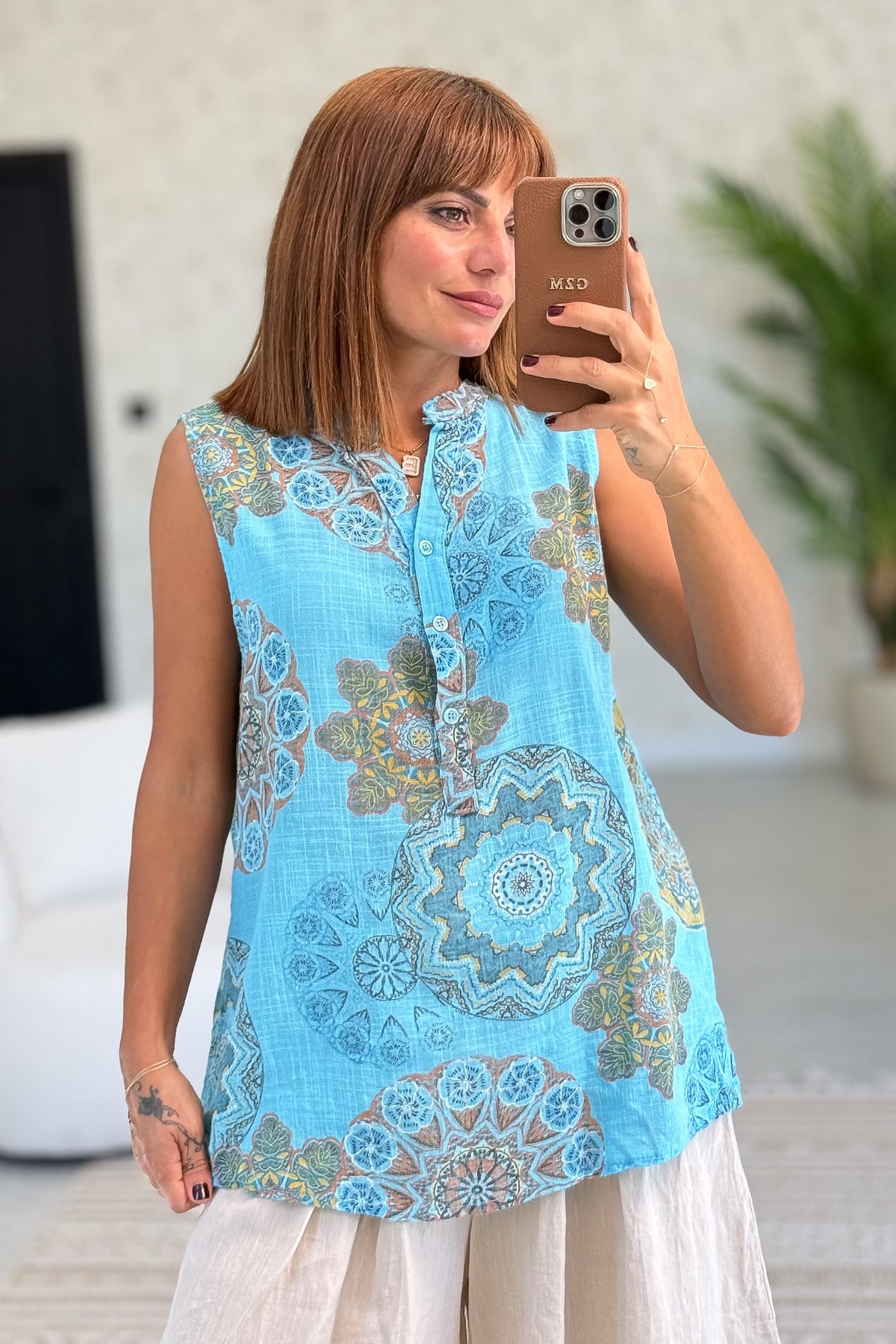 Mandala Desen Hakim Yaka 3 Düğmeli Pamuklu Gömlek Turkuaz Renk