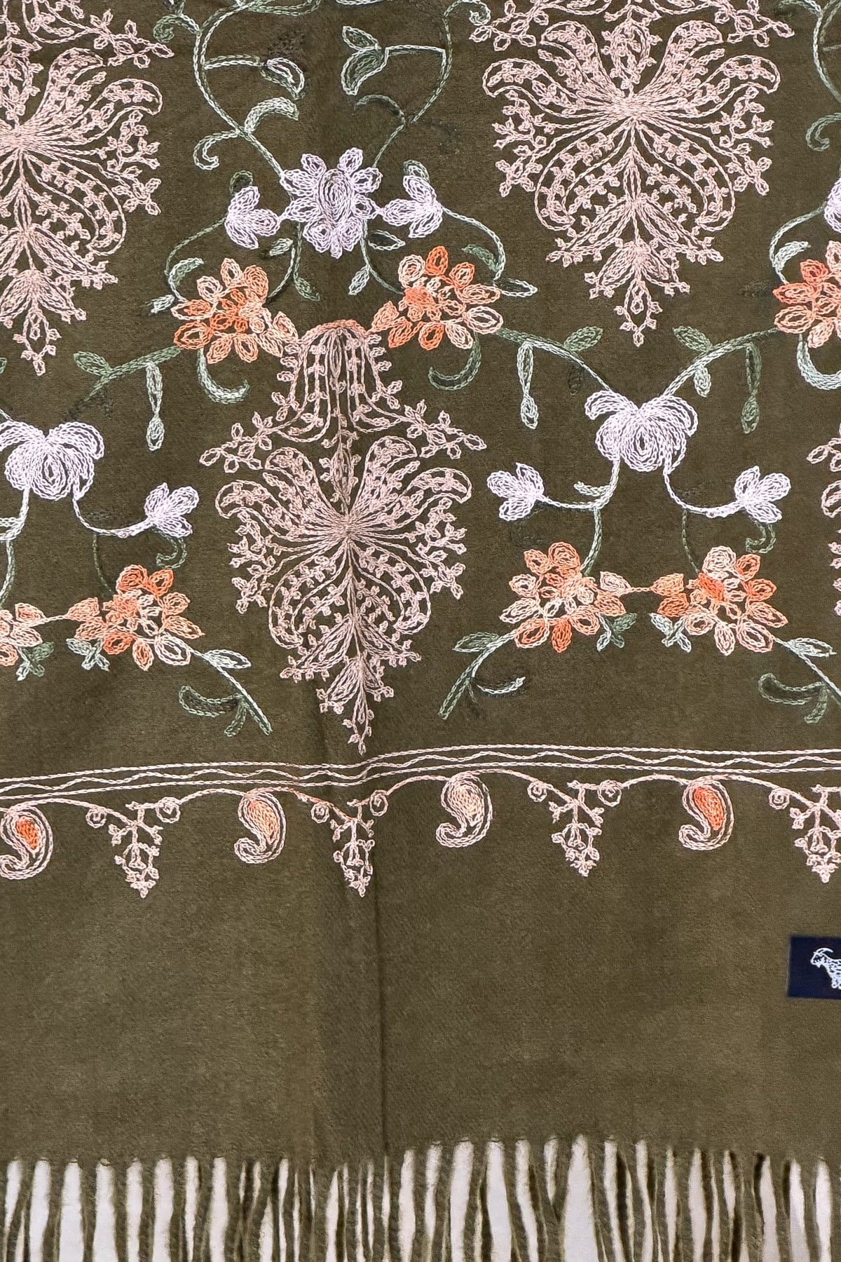 Motif Nakış İşlemeli Kaşmir Şal Yağ Yeşili Renk