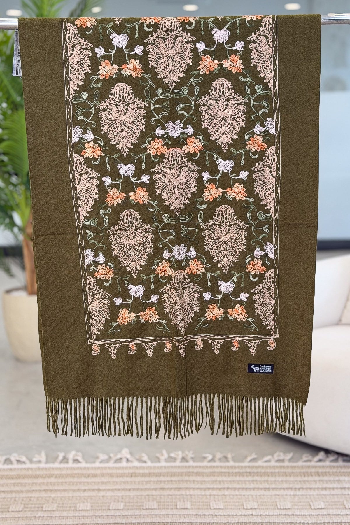 Motif Nakış İşlemeli Kaşmir Şal Yağ Yeşili Renk
