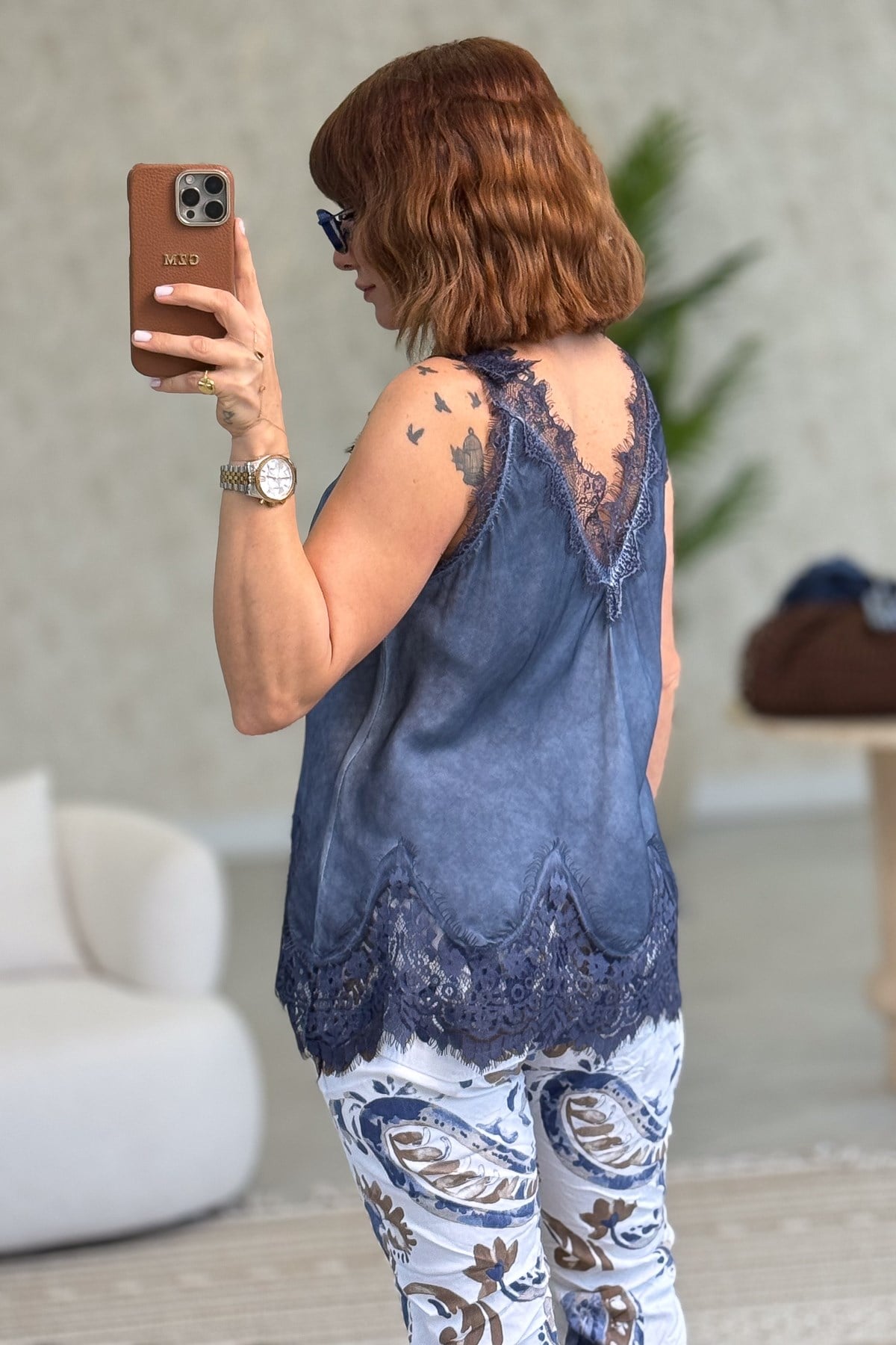 Ön Arka V Dantelli İpek Saten Badi İndigo Renk