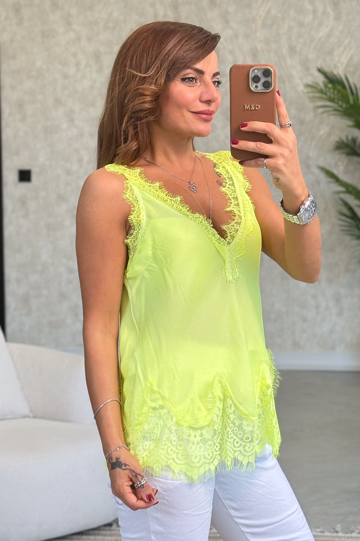 Ön Arka V Dantelli İpek Saten Badi Neon Yeşil Renk