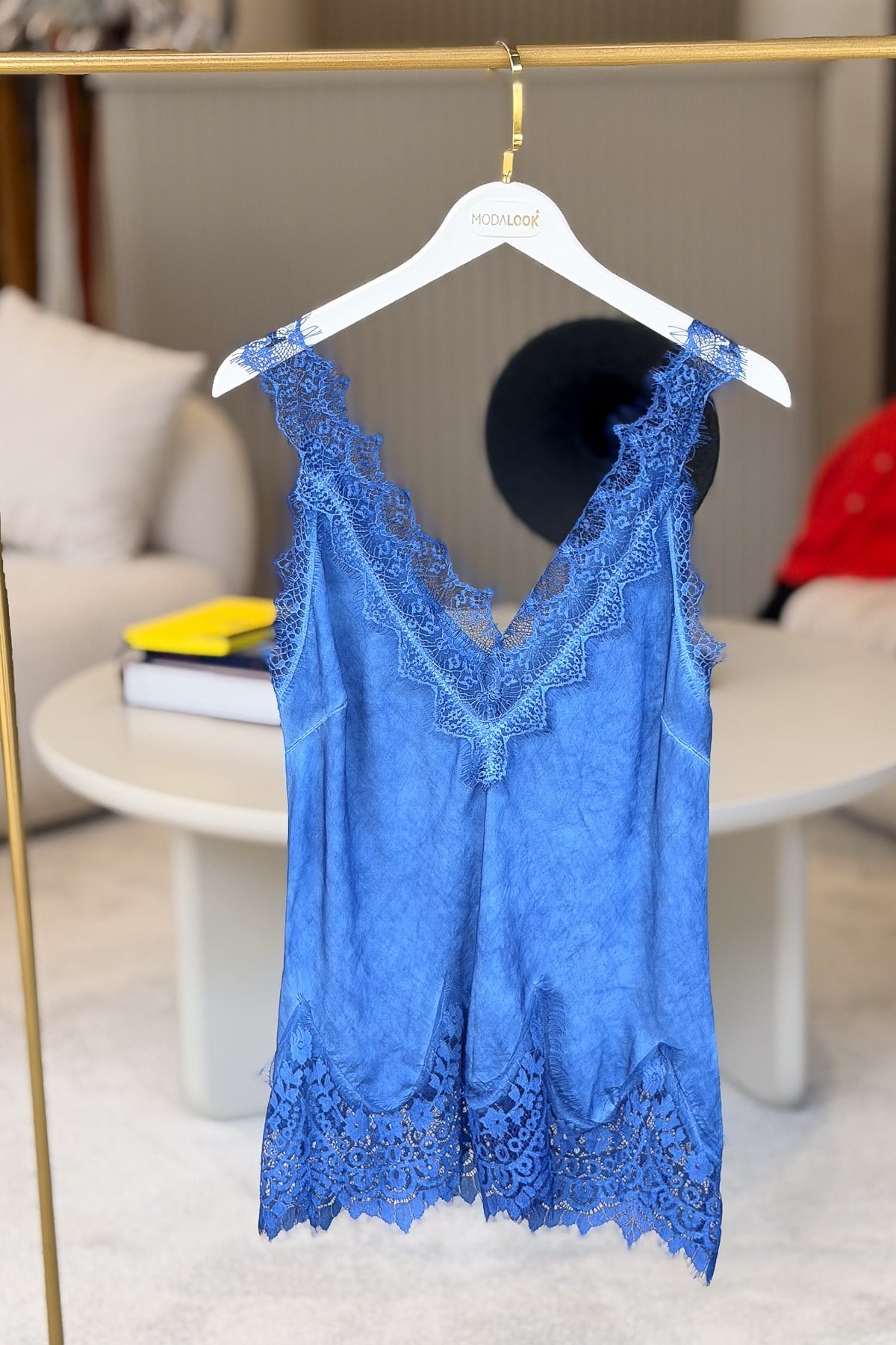 Ön Arka V Dantelli İpek Saten Badi Saks RenkKadın Body Modelleri