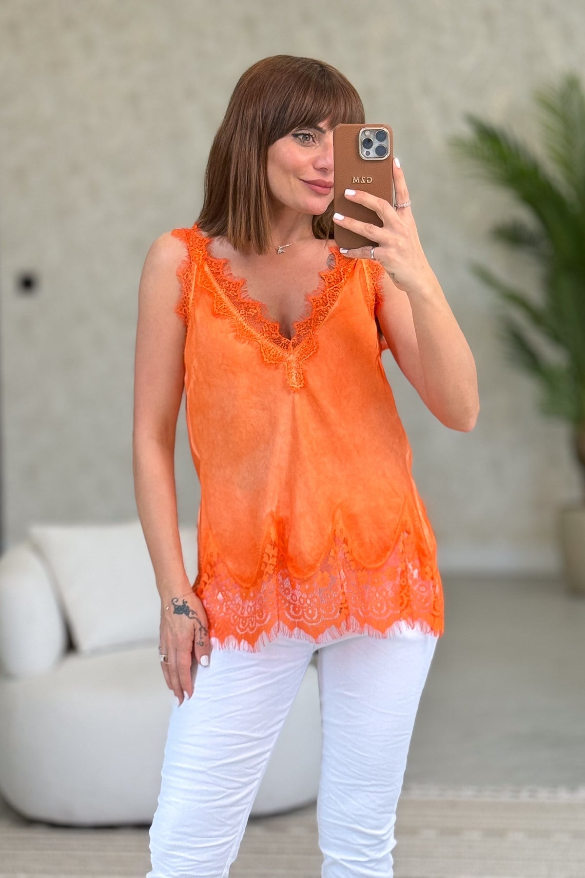 Ön Arka V Dantelli İpek Saten Badi Turuncu Renk