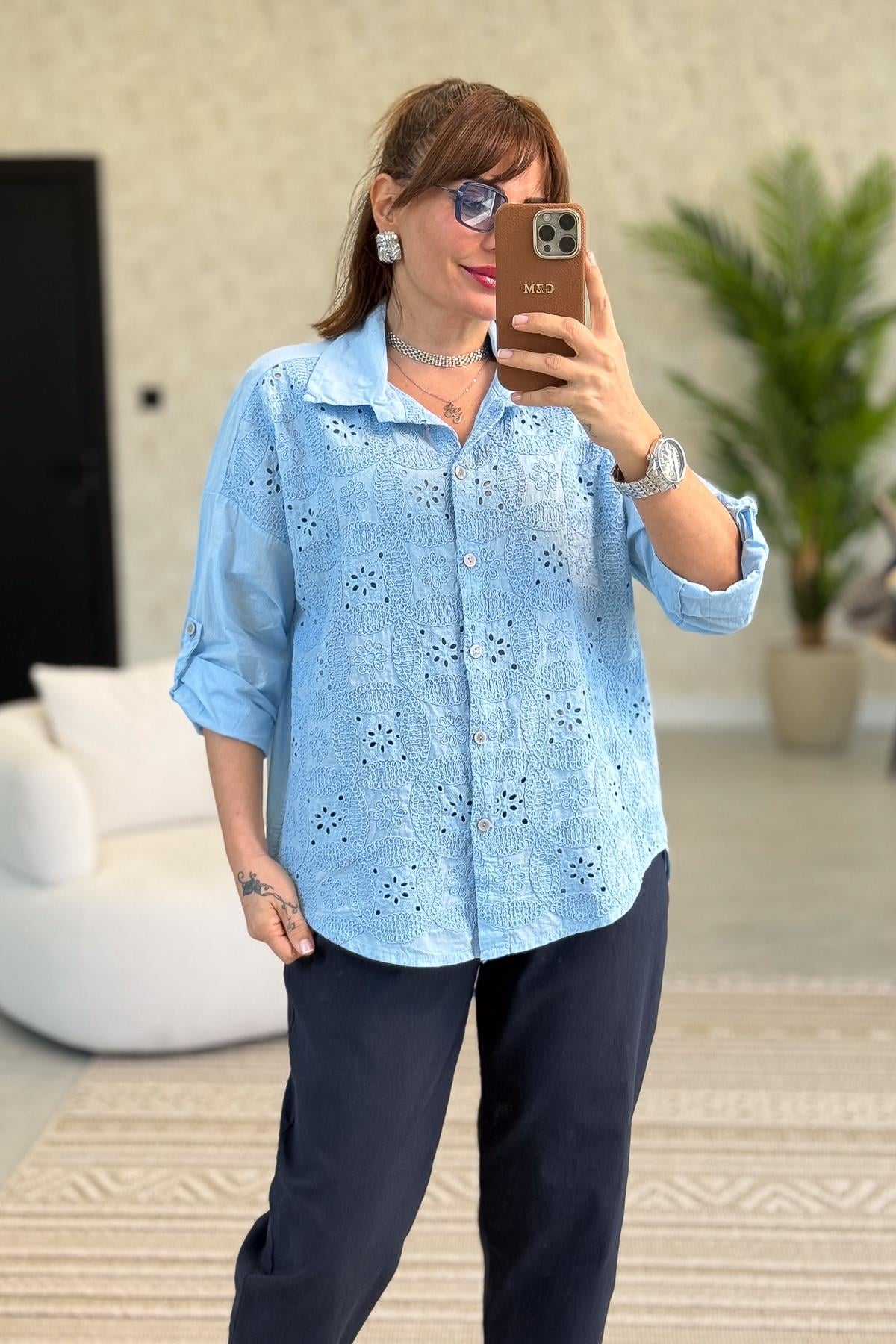 Önü Nakışlı Pamuklu Gömlek Bebe Mavi Renk