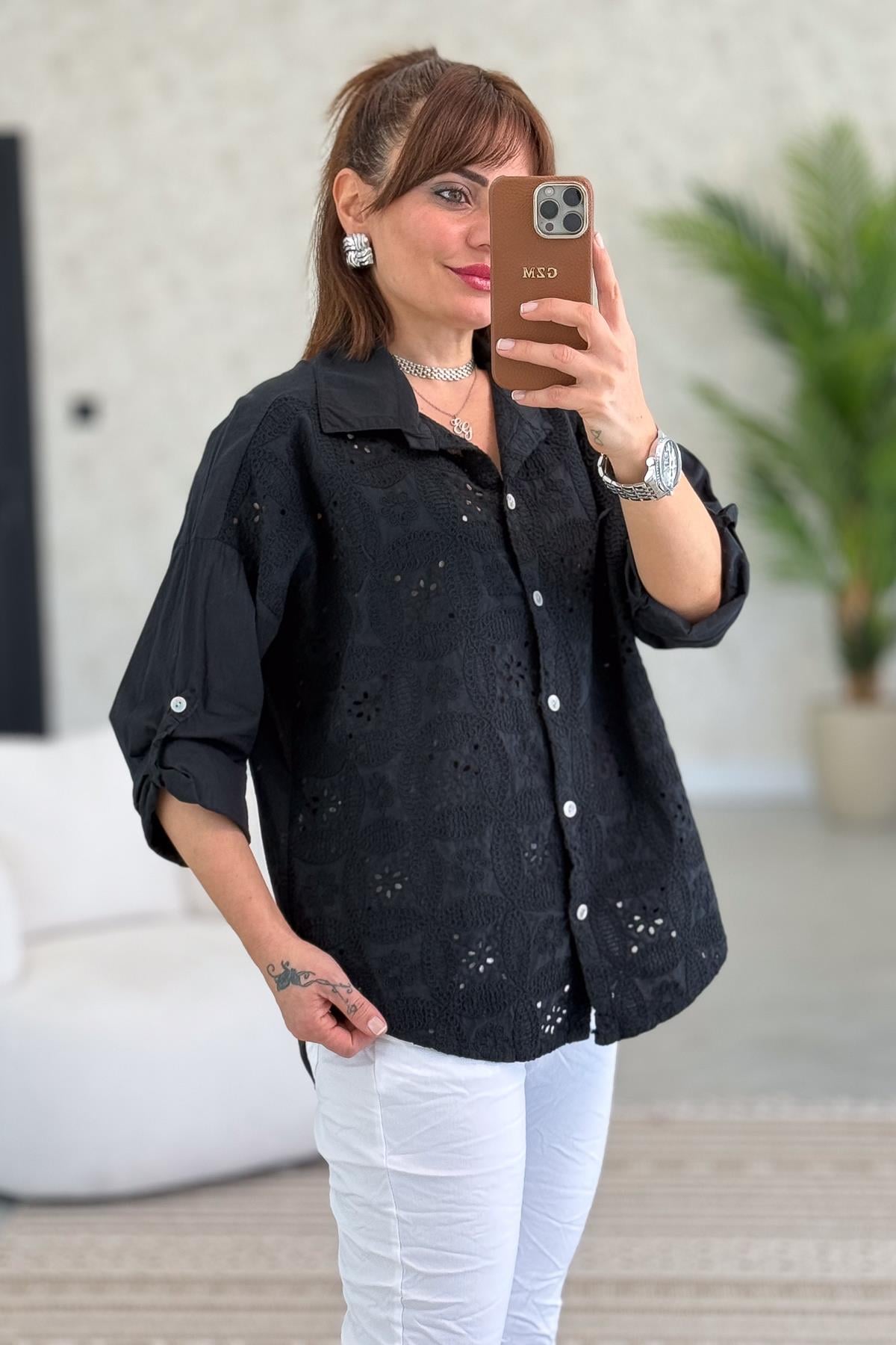 Önü Nakışlı Pamuklu Gömlek Siyah Renk