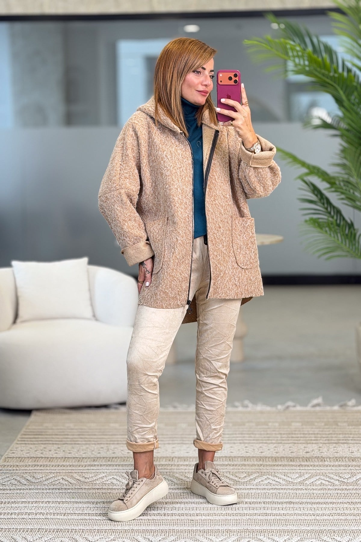 Oversize Kalıp Keçe Kaban Camel Renk