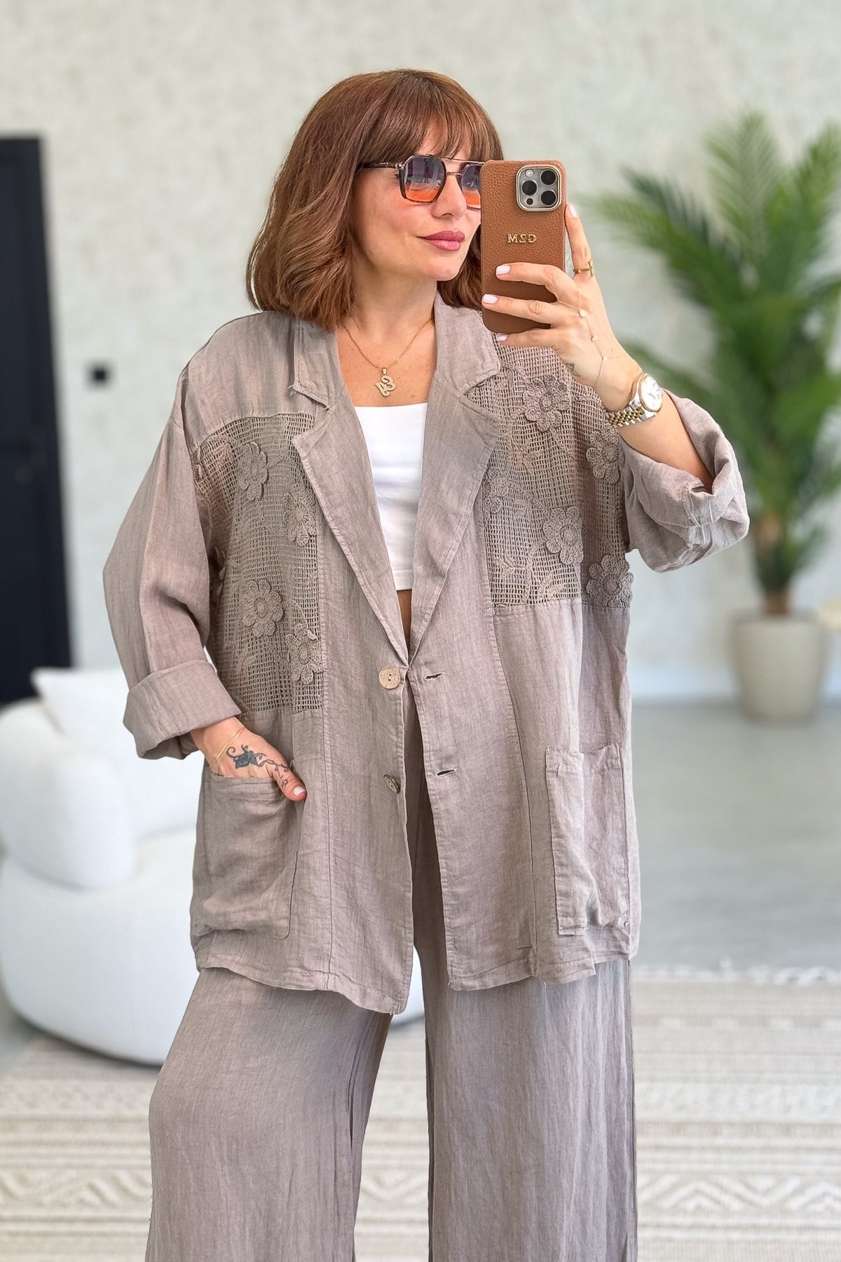 Papatya File Detaylı Blazer Pantolonlu Alt Üst Keten Takım Vizon Renk