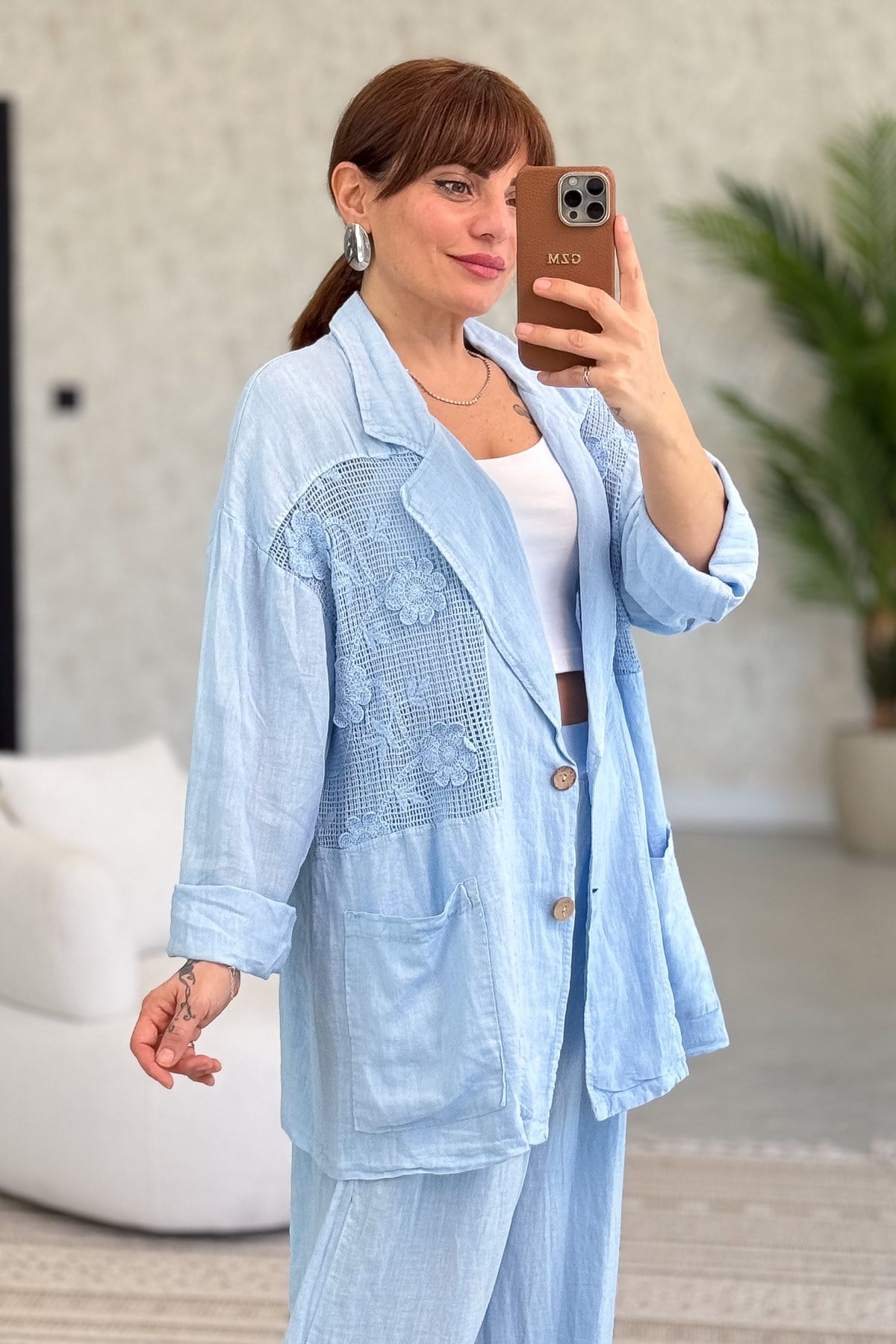 Papatya File Detaylı Blazer Pantolonlu Alt Üst Keten Takım Bebe Mavi Renk
