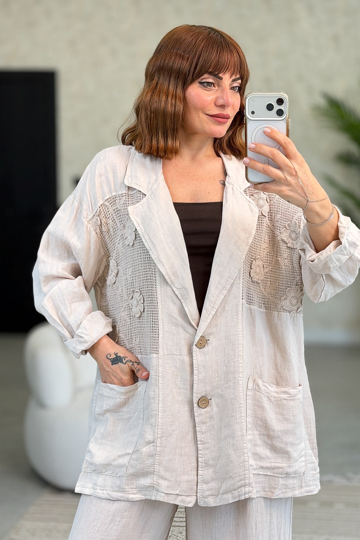 Papatya File Detaylı Blazer Pantolonlu Alt Üst Keten Takım Bej Renk