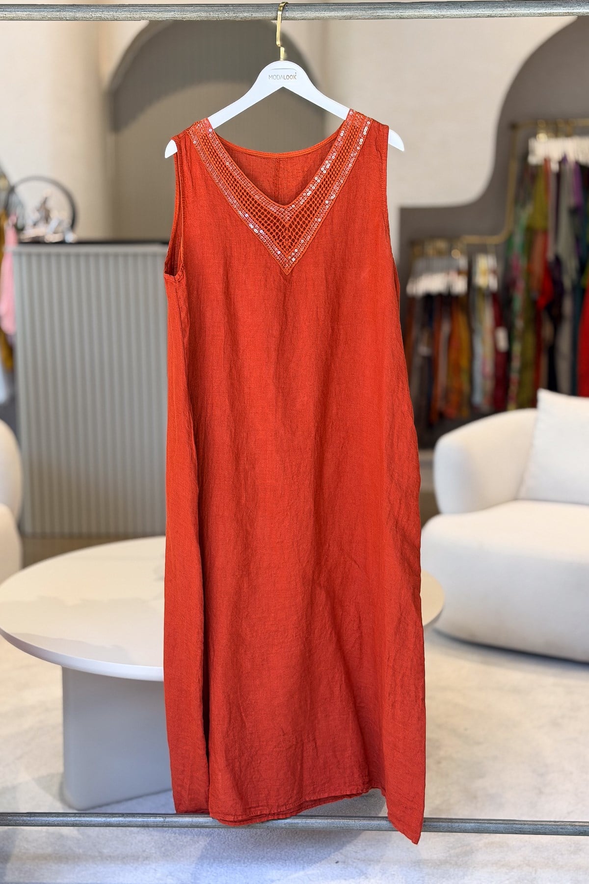 Pullu V Yaka Kolsuz Keten Elbise Kiremit RenkELBİSE