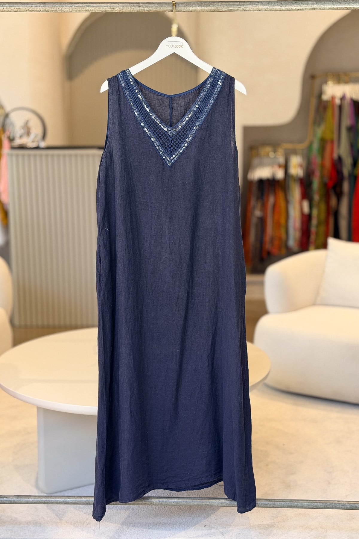 Pullu V Yaka Kolsuz Keten Elbise Lacivert RenkELBİSE