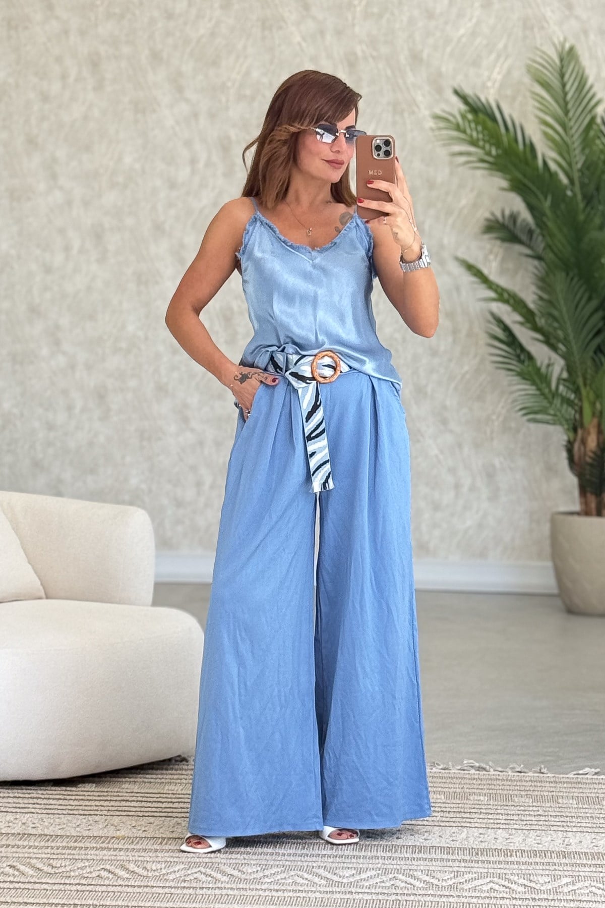 Püskül Detaylı Saten Askılı Badi Bebe Mavi Renk