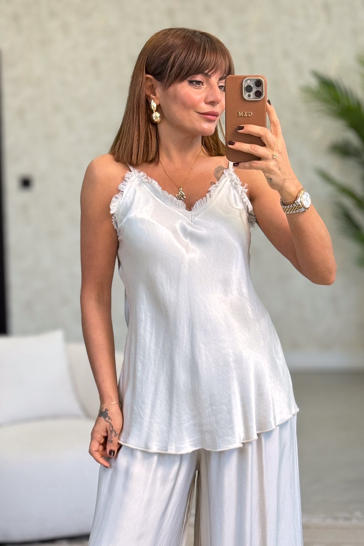 Püskül Detaylı Saten Askılı Badi Bej Renk