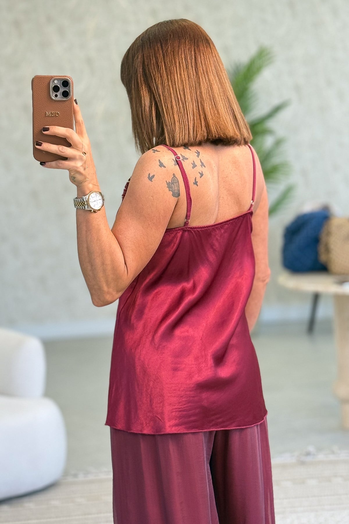 Püskül Detaylı Saten Askılı Badi Bordo Renk