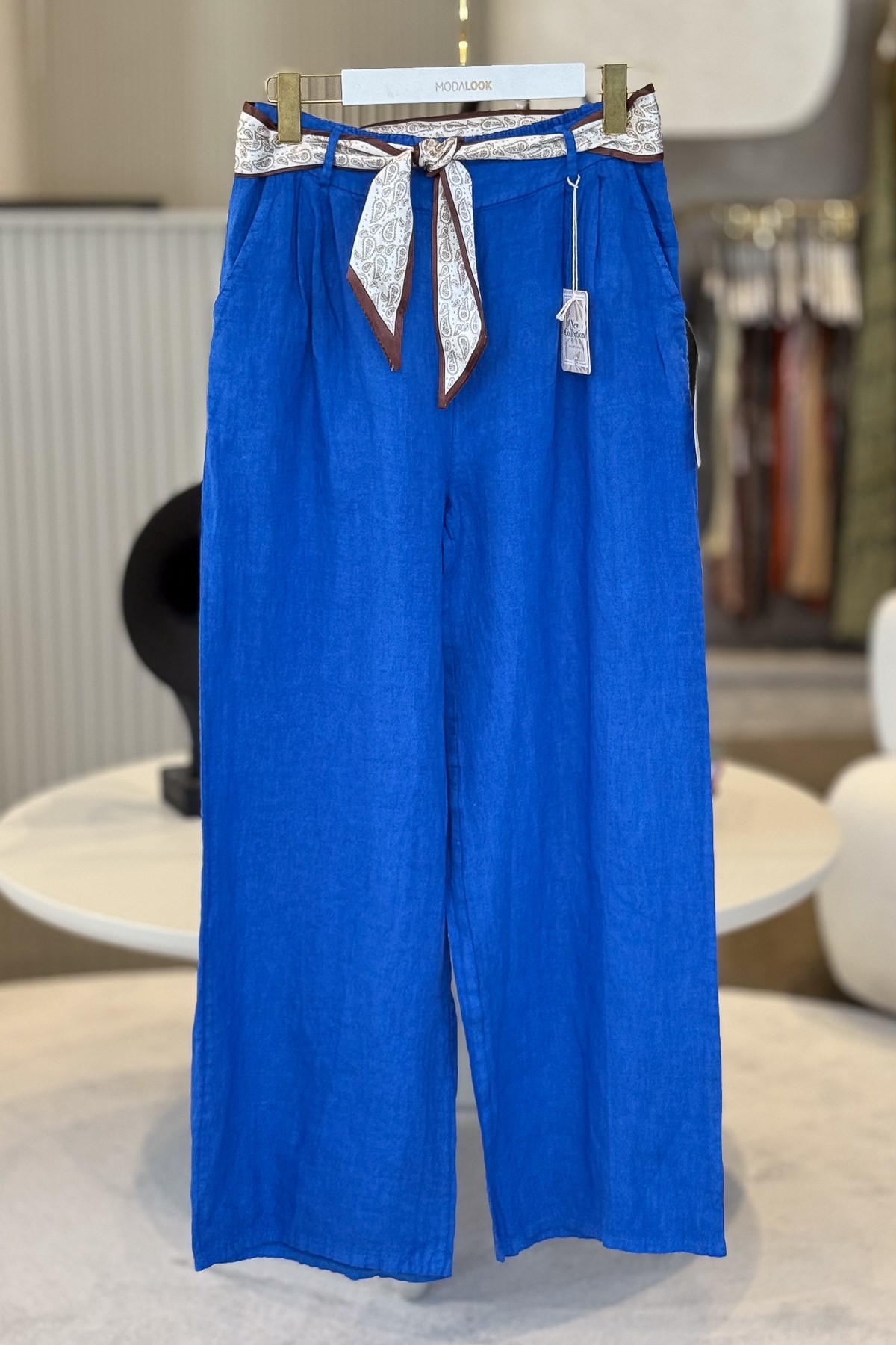 Şal Kemerli Bol Paça Keten Pantolon Saks Renk
