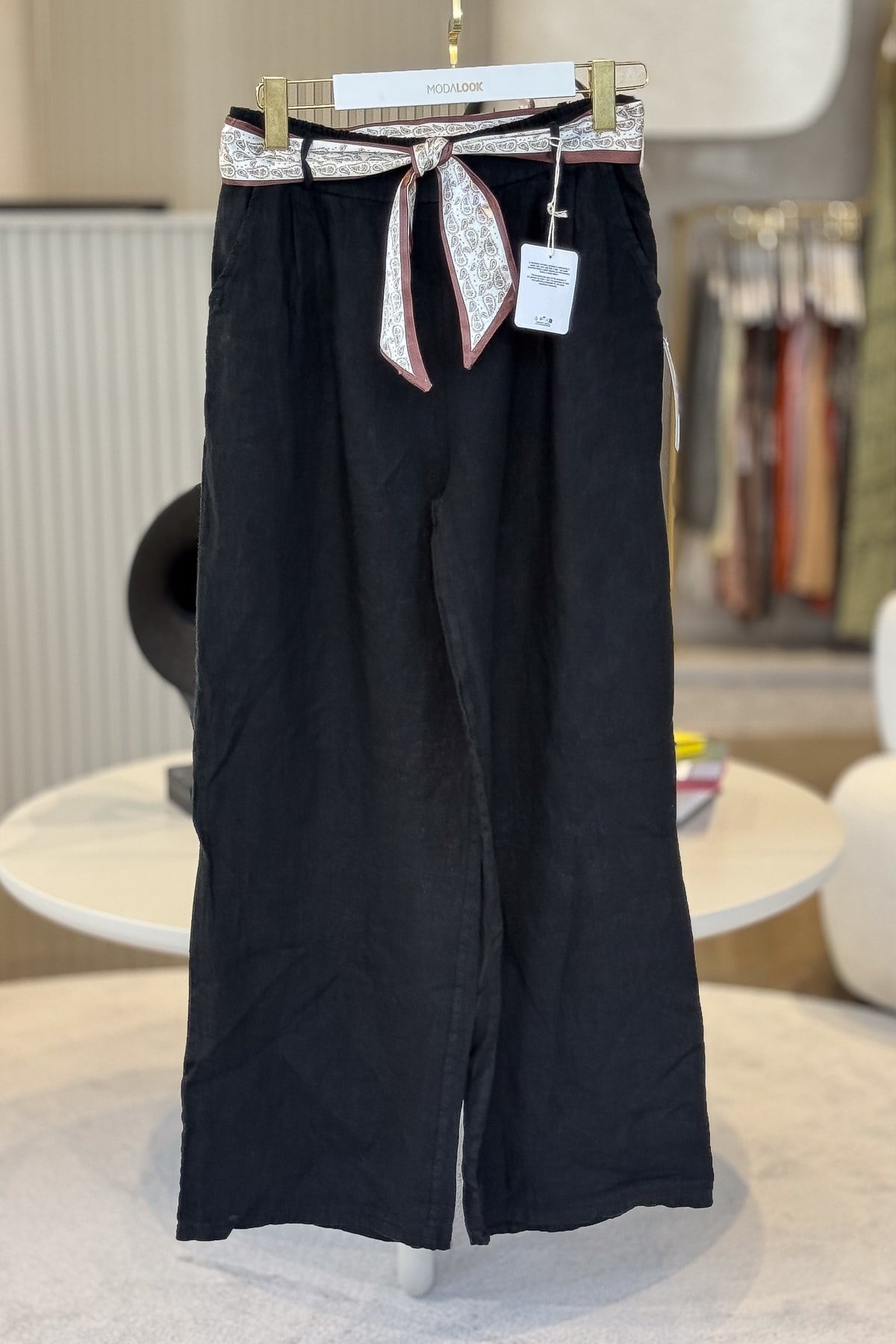 Şal Kemerli Bol Paça Keten Pantolon Siyah Renk
