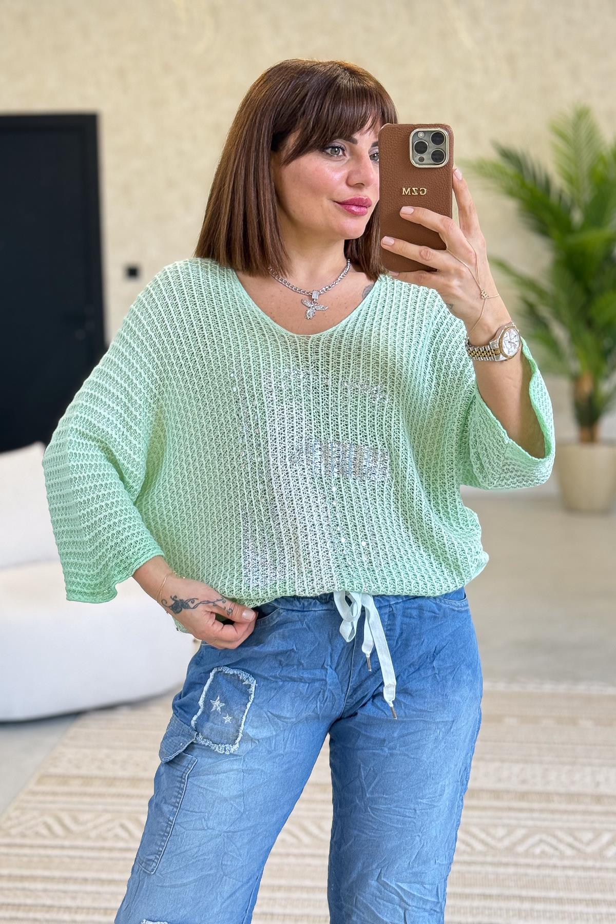 Silver Baskı Ve Taşlı Örme Bluz Mint Renk