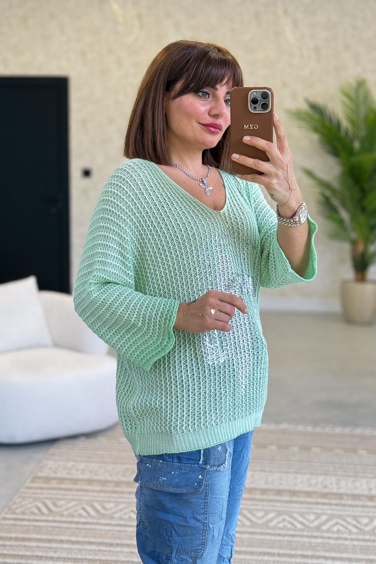 Silver Baskı Ve Taşlı Örme Bluz Mint Renk