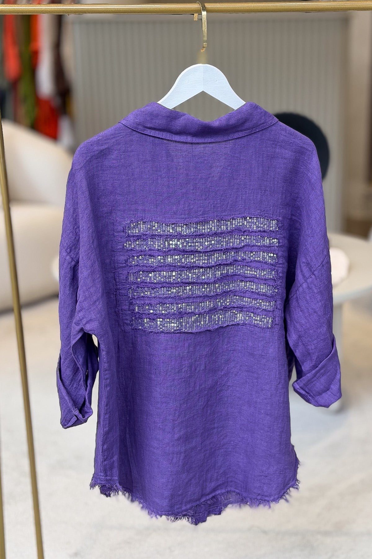 Sırtı Şerit Pullu Çift Cep Görünümlü Keten Gömlek Mor Renk