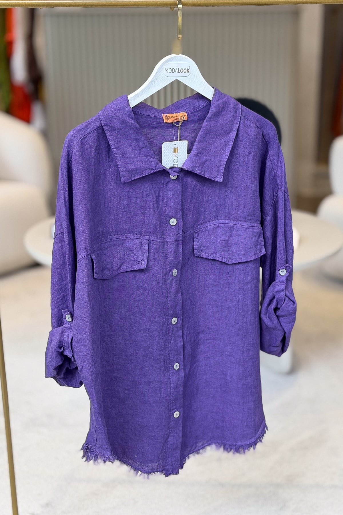 Sırtı Şerit Pullu Çift Cep Görünümlü Keten Gömlek Mor Renk