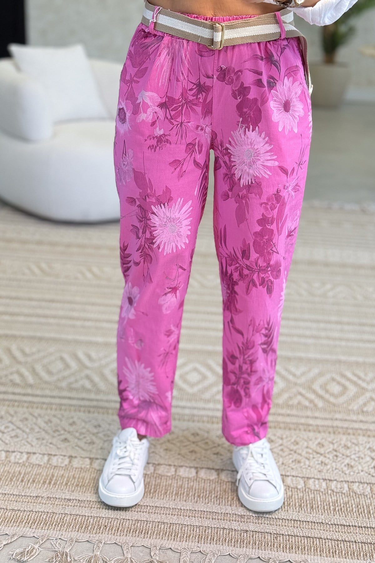 Soft Çiçek Desenli Likralı Pantolon Fuşya Renk