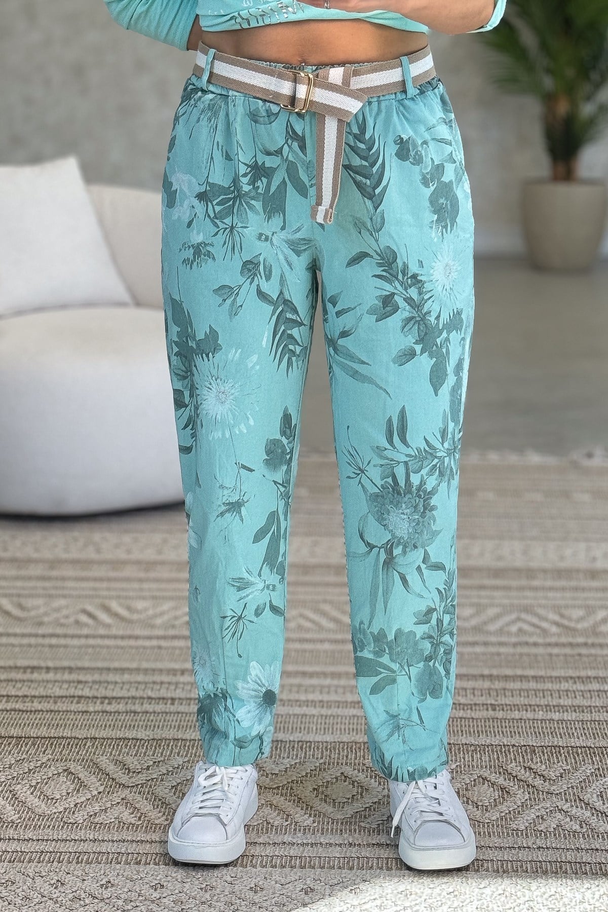Soft Çiçek Desenli Likralı Pantolon Mint Renk