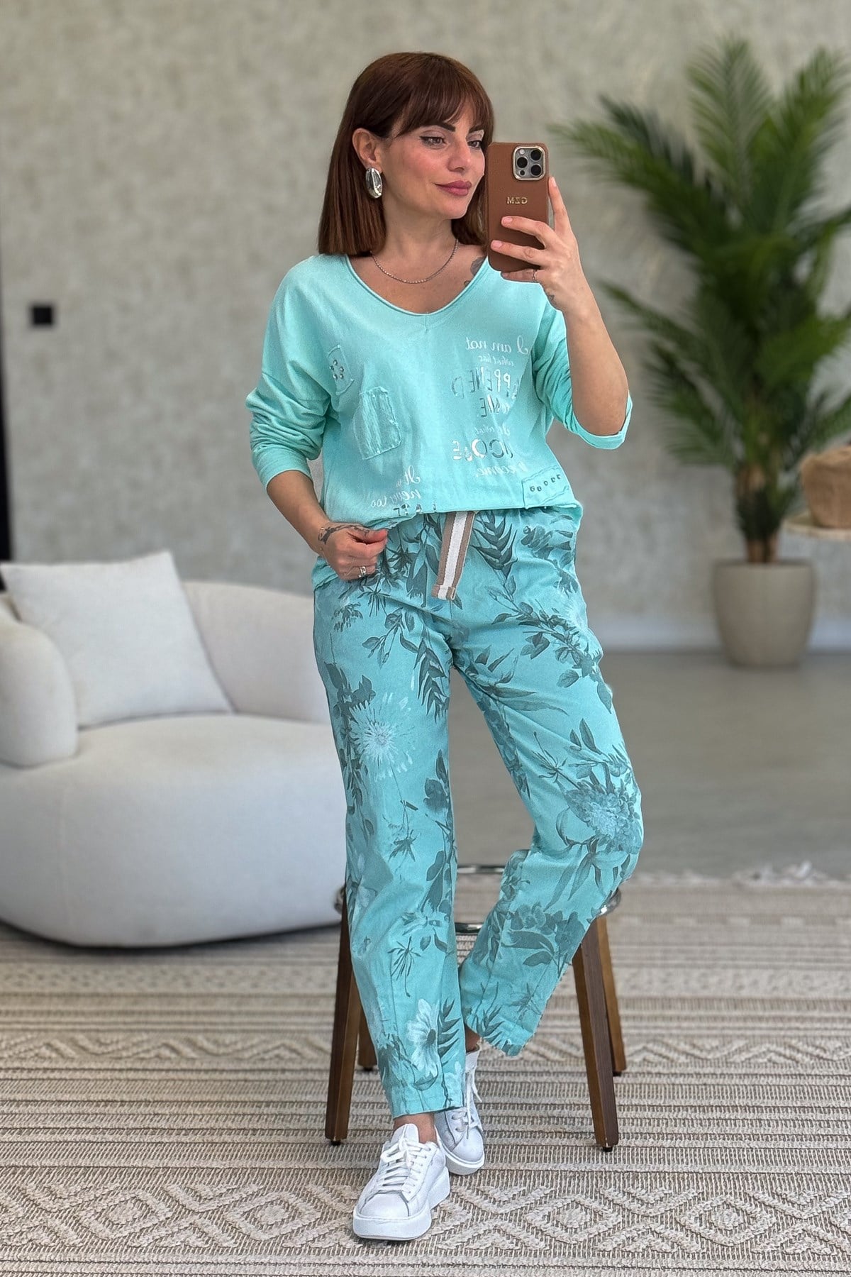 Soft Çiçek Desenli Likralı Pantolon Mint Renk