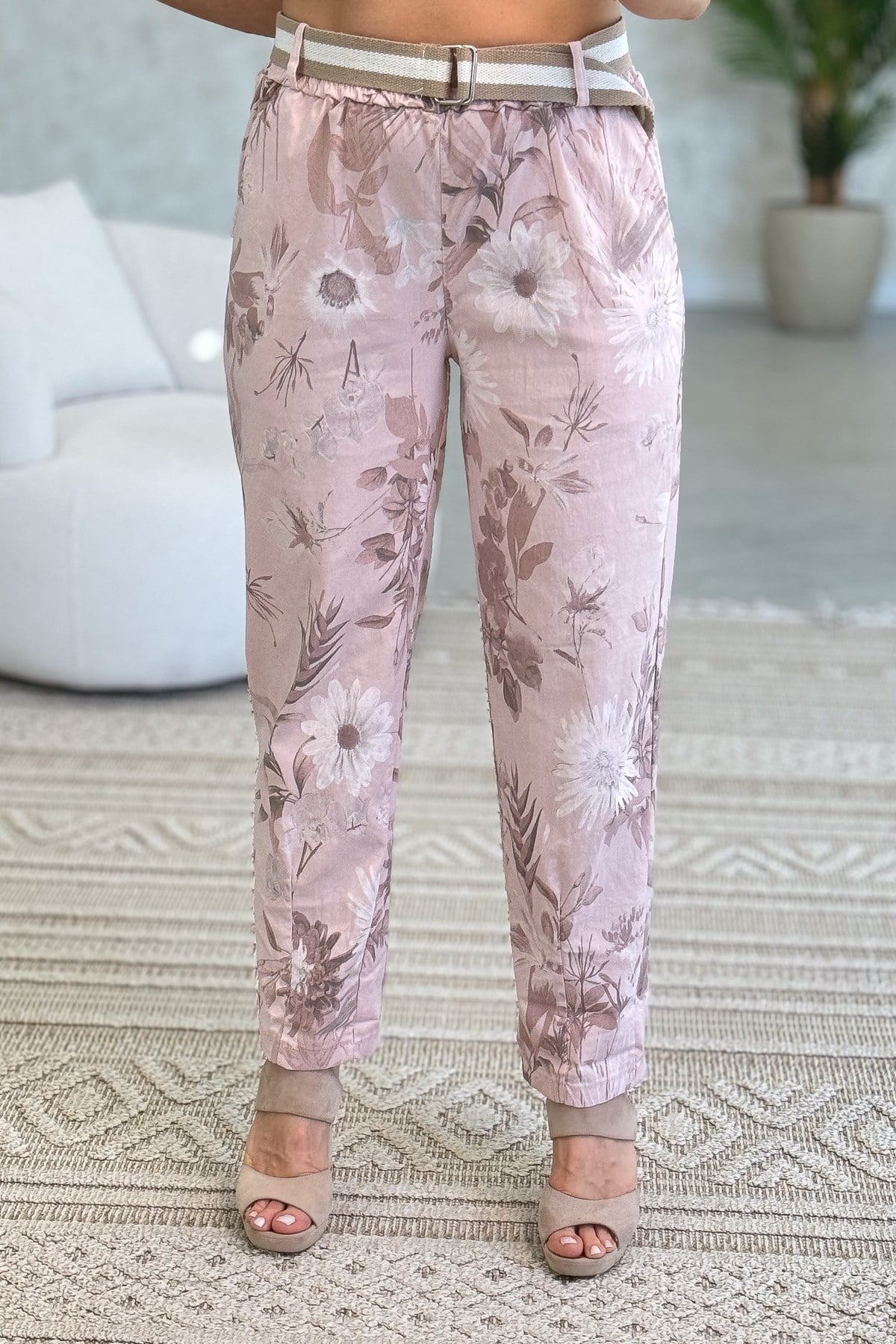 Soft Çiçek Desenli Likralı Pantolon Pudra Renk