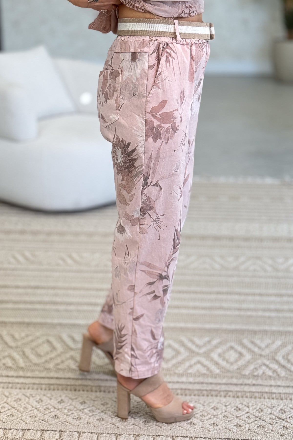 Soft Çiçek Desenli Likralı Pantolon Pudra Renk