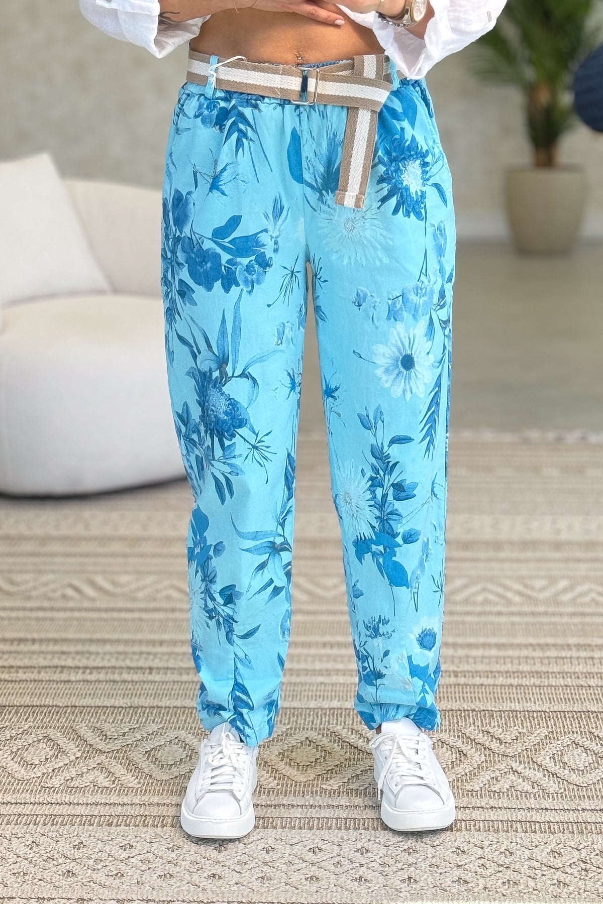 Soft Çiçek Desenli Likralı Pantolon Turkuaz Renk