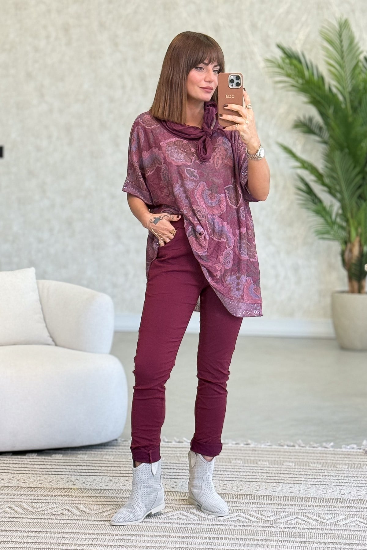 Soft Çiçek Desenli Pul Detaylı Şallı Bluz Bordo Renk