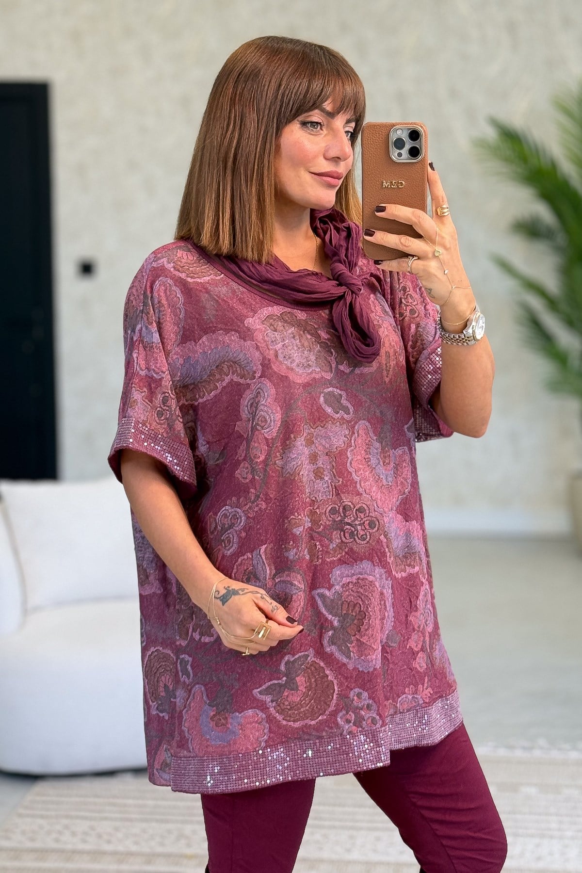 Soft Çiçek Desenli Pul Detaylı Şallı Bluz Bordo Renk