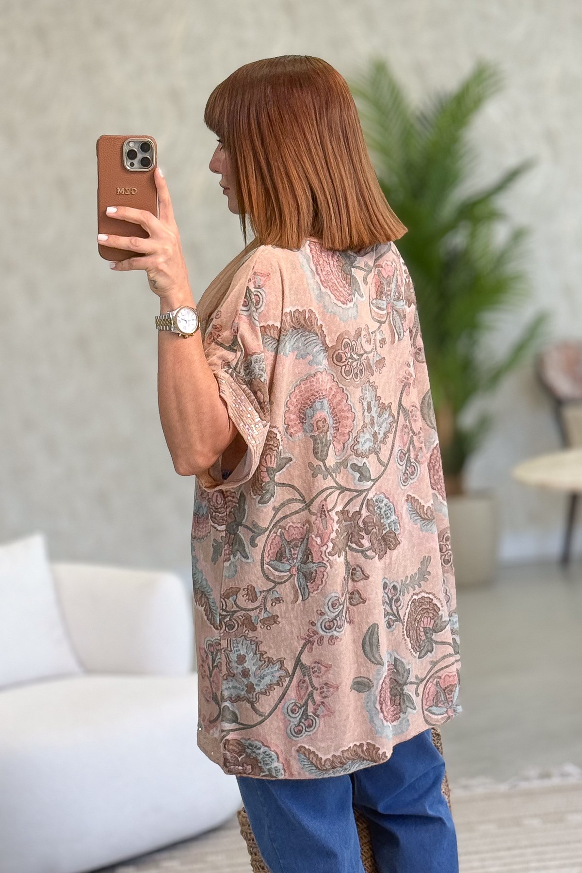 Soft Çiçek Desenli Pul Detaylı Şallı Bluz Camel Renk