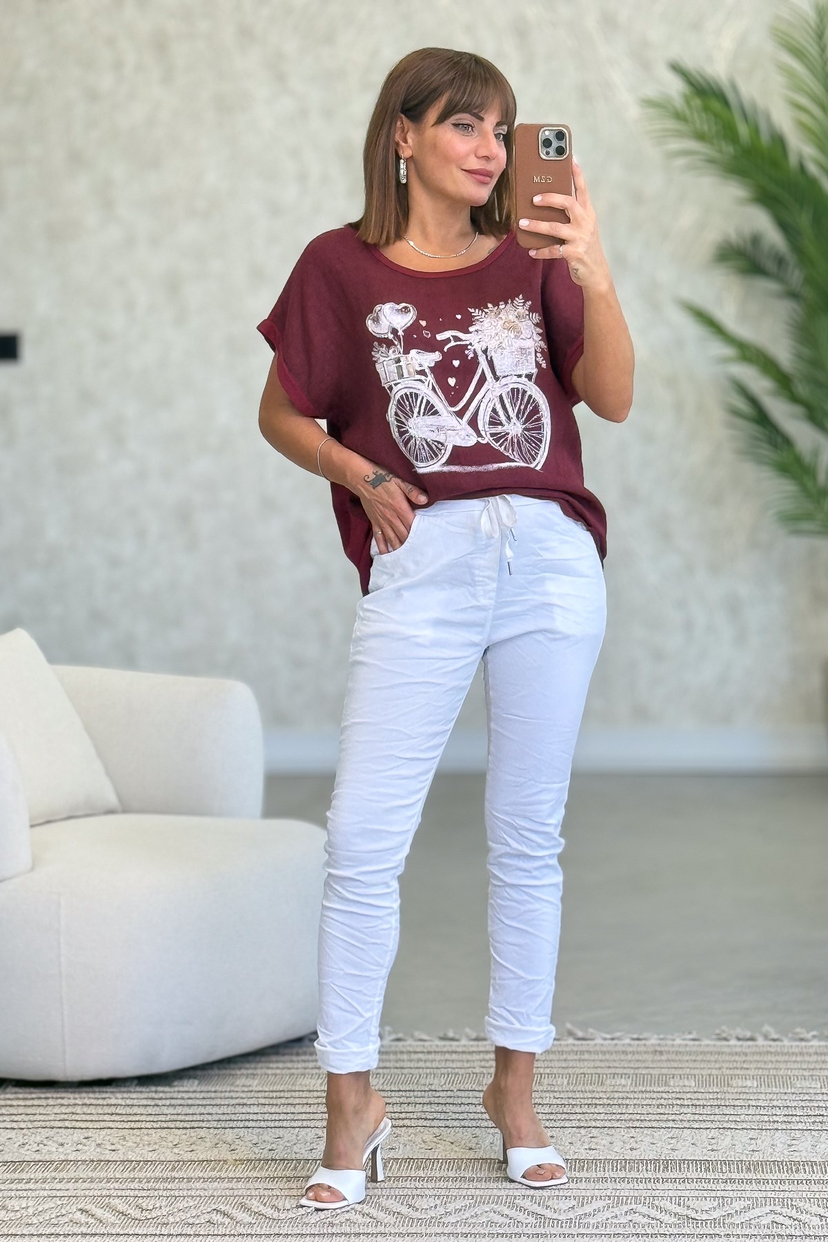 Taş Ve Bisiklet Desenli Önü Keten Arkası Pamuklu Bluz Bordo Renk
