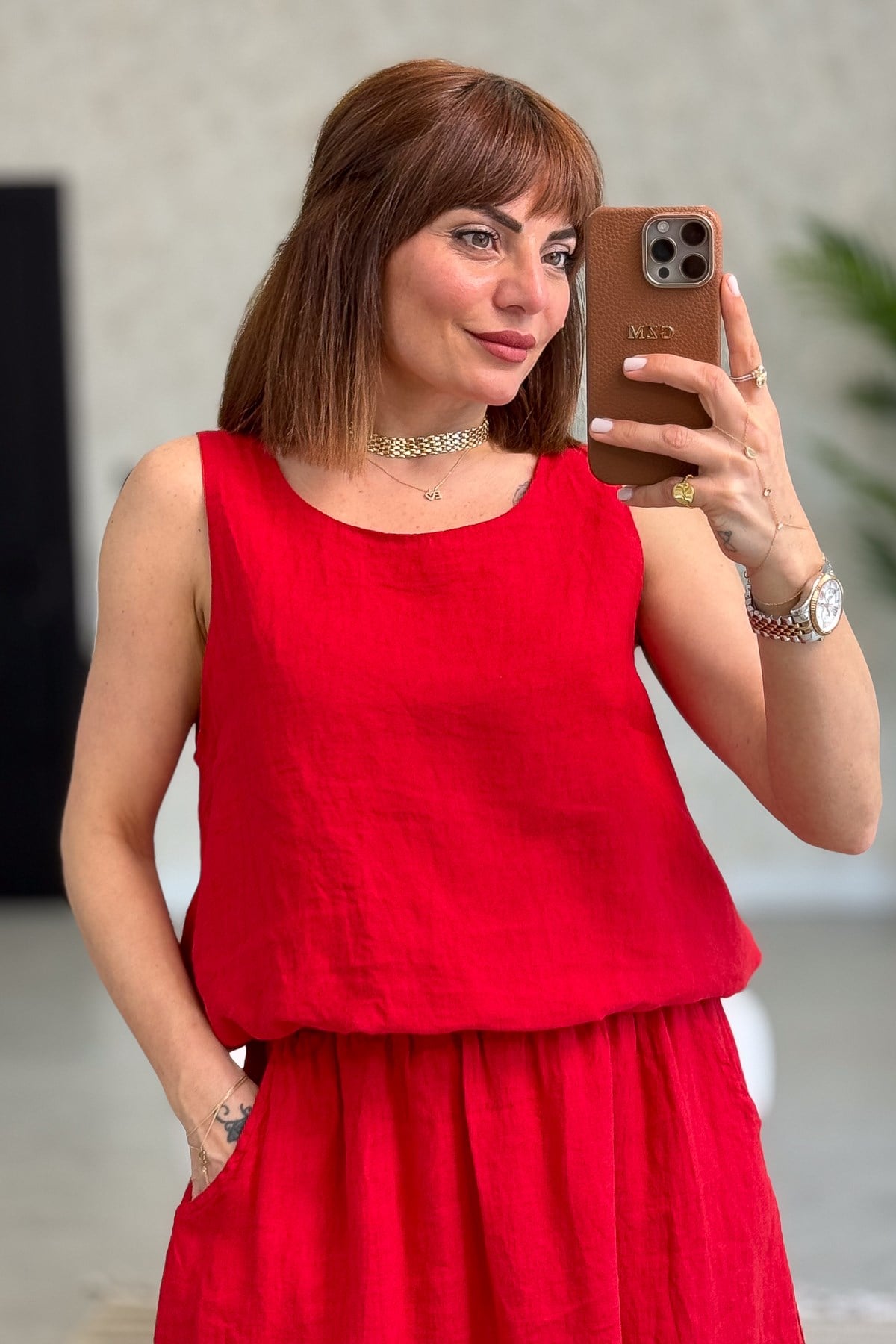 Üstü Kolsuz Altı Etekli Keten Alt Üst Takım Kırmızı Renk