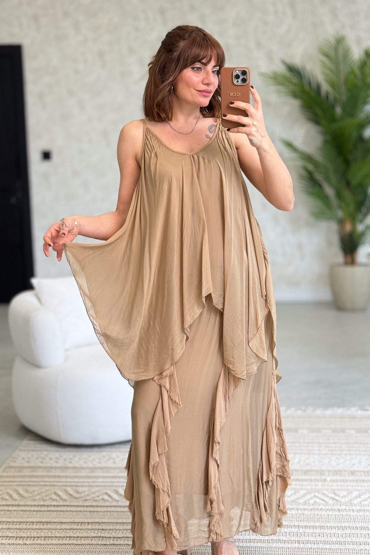 Yırtık Detaylı İpek Etek Camel Renk