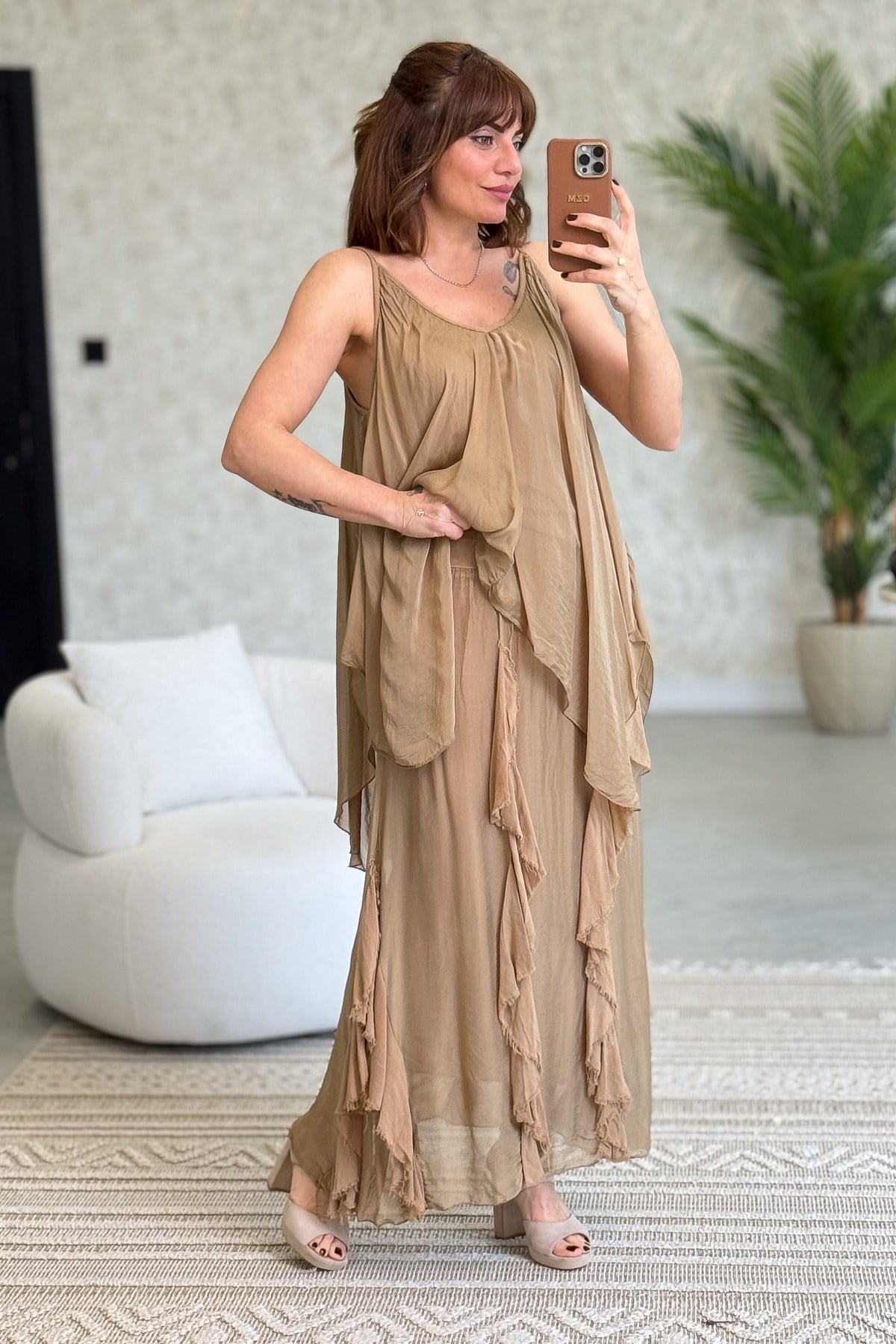 Yırtık Detaylı İpek Etek Camel Renk