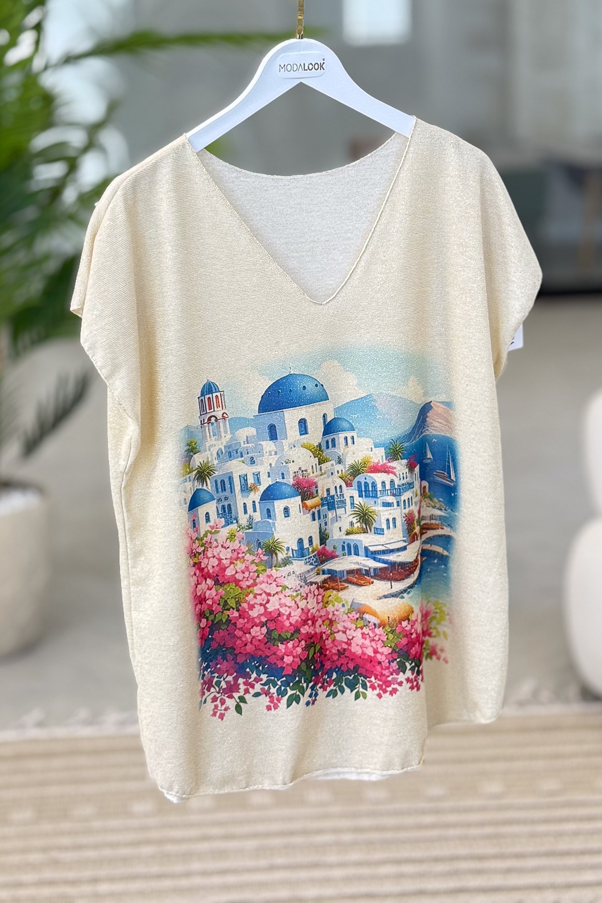 Yunanistan Temalı Simli Triko Mavi Renk