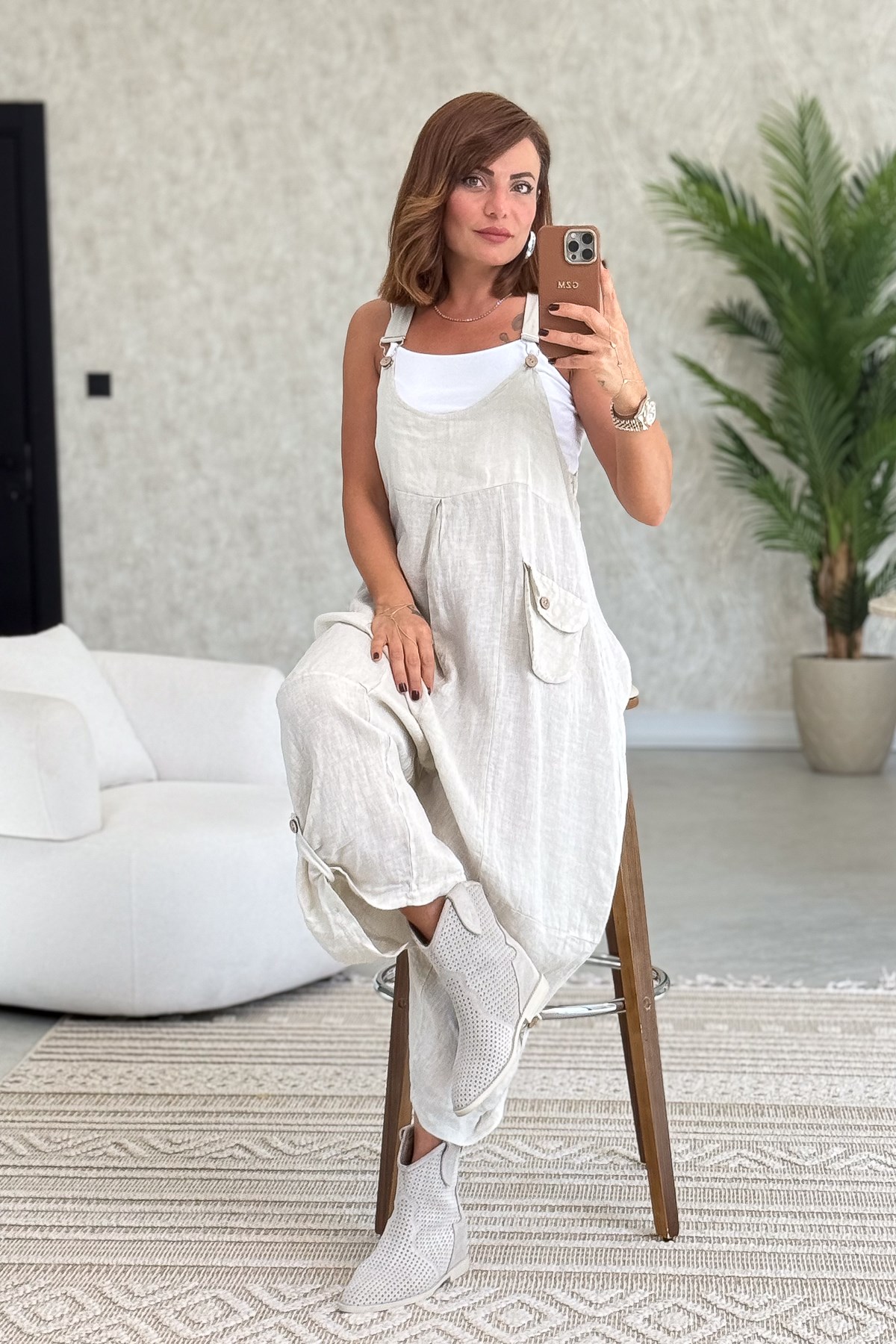 Yüzücü Modelli Keten Tulum Bej Renk