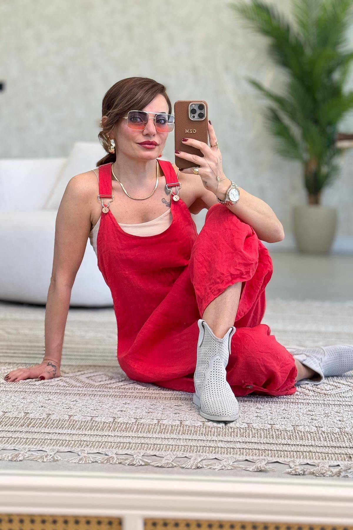 Yüzücü Modelli Keten Tulum Nar Çiçeği Renk