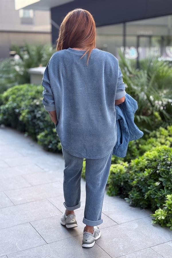 3 Yıldızlı Yuvarlak Yaka Kadife Sweet Mavi Renk