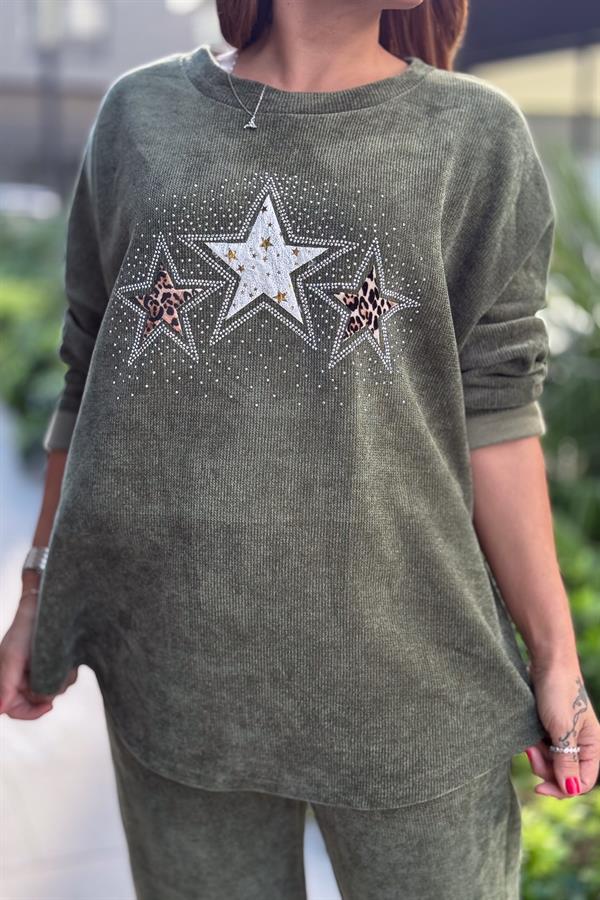 3 Yıldızlı Yuvarlak Yaka Kadife Sweet Haki Renk