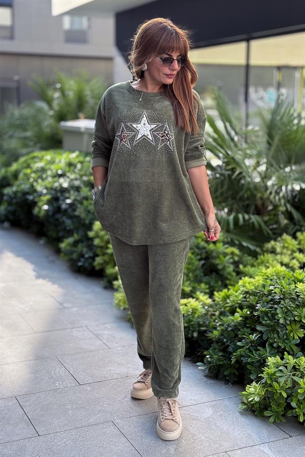 3 Yıldızlı Yuvarlak Yaka Kadife Sweet Haki Renk