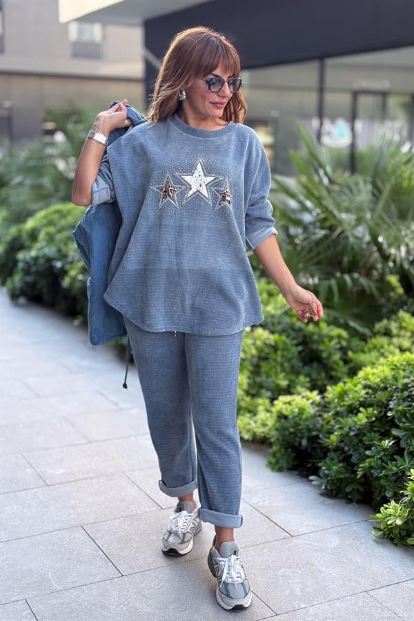 3 Yıldızlı Yuvarlak Yaka Kadife Sweet Mavi Renk